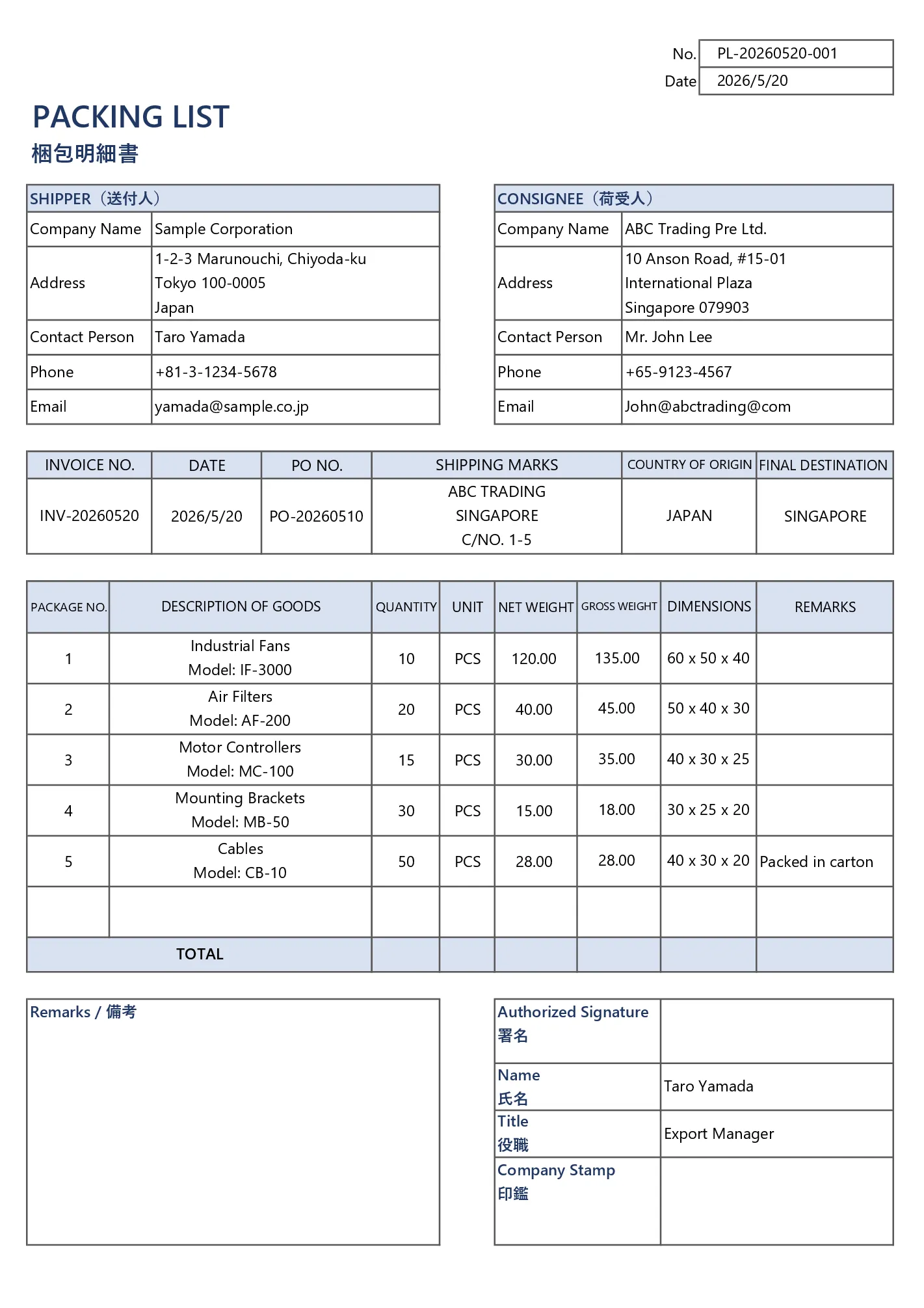 Japanese packing list template for Excel with shipper consignee package weight and dimensions