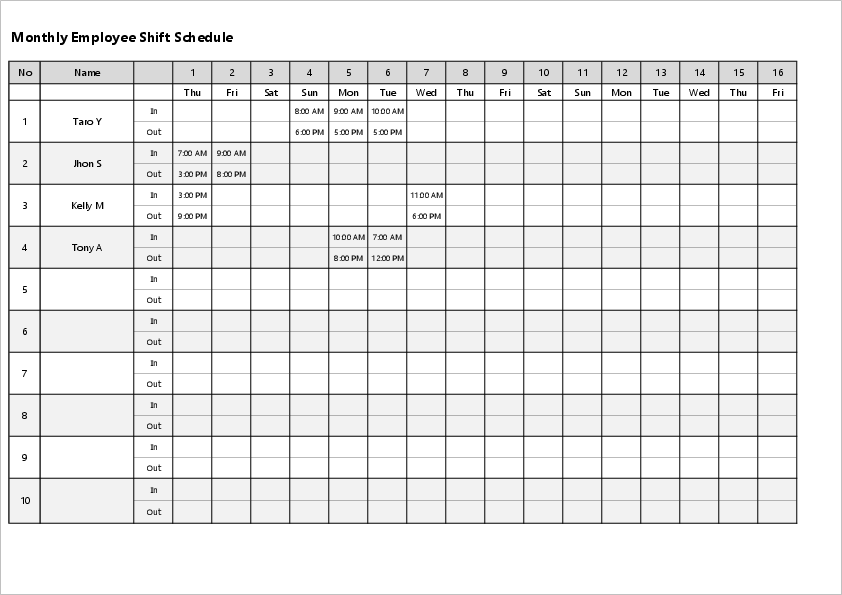excel employee monthly schedule template