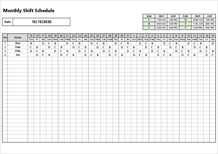 Free Employee Shift Schedule Template for MS Excel