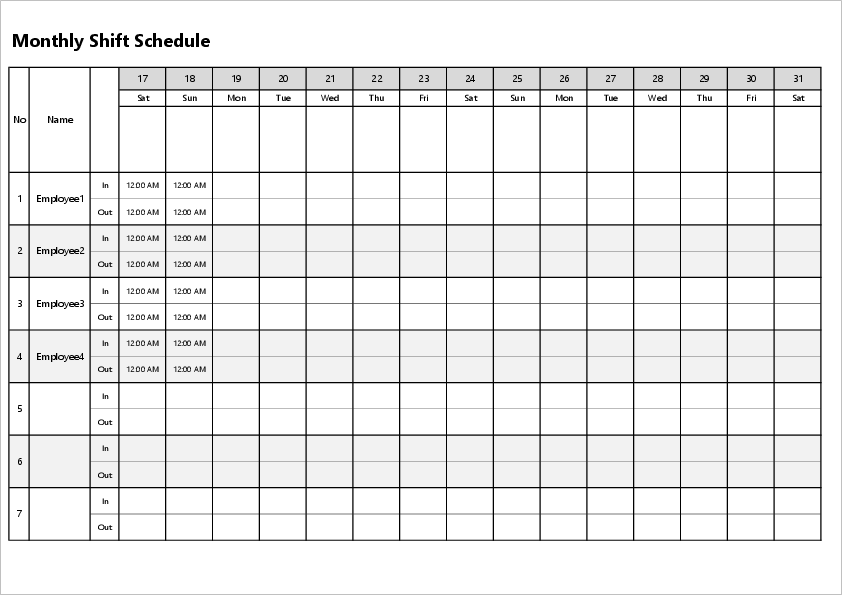 monthly shift calendar template